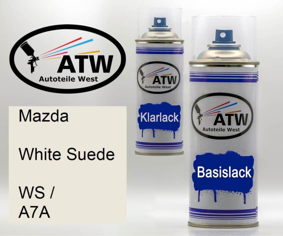 Mazda, White Suede, WS / A7A: 400ml Sprühdose + 400ml Klarlack - Set, von ATW Autoteile West.